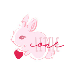 Solo print illustration with cute rabbit and hand drawn lettering Little One. Funny pet  for apparel, room decor, tee print design, poster and greeting card