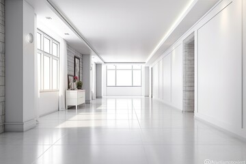 Interior front view of a corridor with a blank wall. a mockup. Generative AI