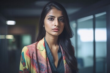 Fototapeta premium Portrait of an Indian Businesswoman in Colorful Business Casual Clothes with an Office Background (Generative AI)