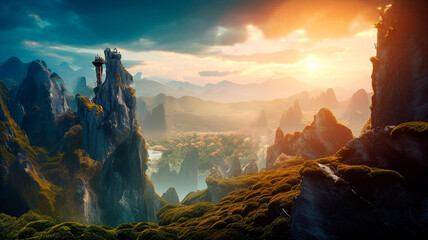 Stunning beautiful mountain scenery with open skies and surroundings. Fantasy and cinematic mountains