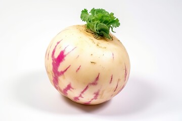 Fresh turnip with leaf, isolate on white background. Macro studio shot. AI generated.
