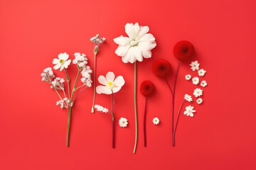 Beautiful white flowers on a red background. Generative AI