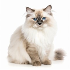 An isolated long-haired Ragdoll cat on white background Generative AI