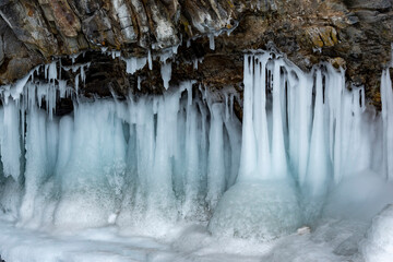 Ice cave on a frozen lake