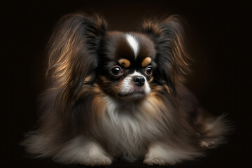 Fototapeta premium Elegant Japanese Chin Dog on Dark Background - Capturing the Graceful and Affectionate Traits of the Breed
