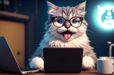 Smart cat in glasses with open mouth sitting at laptop. Generative AI.