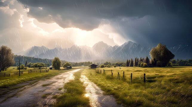 Ländliches Dorf Haus Landschaft in den Alpen in der Schweiz Österreich Bayern Sonne Regen Ruhe und Beschaulichkeit Generative AI Digital Art Wandbild Hintergrund Cover
