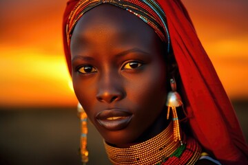 Portrait of an African woman with sunshine in the background in rich deep reds and oranges - generative AI