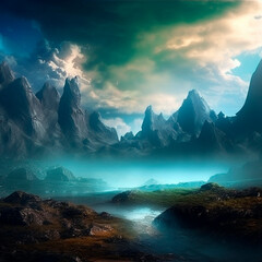 Fototapeta na wymiar Stunning beautiful mountain scenery with open skies and surroundings. Fantasy and cinematic mountains