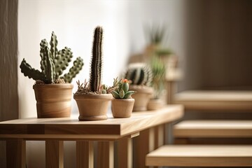 Cactus displays on wooden steps with text space in a showcase for interior or home décor. Generative AI