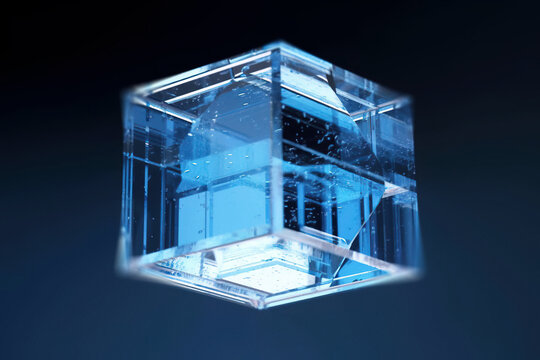 Futuristic glass cube technology background. Digitally generated AI image
