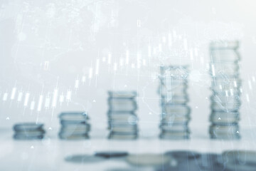 Double exposure of abstract creative financial chart hologram and world map on growing stacks of coins background, research and strategy concept