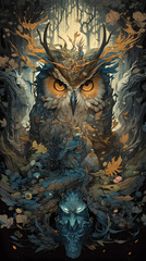 Obraz premium overgrown magical forest owl