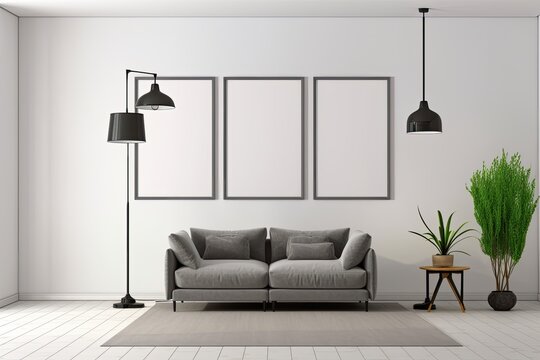 Interior design, living room with prototypes of three vertical frames, gray sofa, decorative plant, and floor lamp. Generative AI