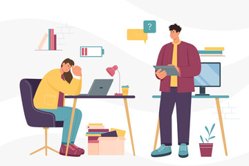 Burnout and stress of sad employee vector illustration. Cartoon tired worried female office worker with low battery sitting at desk with laptop, male busy workaholic colleague standing with tablet