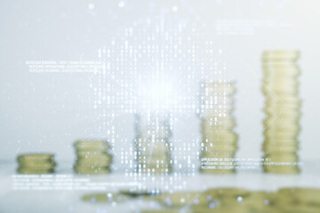 Abstract virtual code skull hologram on coins background, cybercrime and hacking concept. Multiexposure