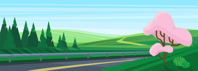 Obraz premium Cartoon asphalt highway for outdoor adventure and journey at evening, roadway among green grass on field and spruce trees with shadow. Countryside road in spring landscape vector illustration.