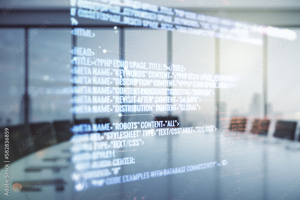 Poster abstract virtual coding illustration on a modern coworking room background, software development con