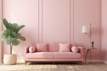 Interior of a living room with a pink sofa. Generative AI