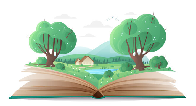 Cartoon magic summer nature with trees and mountains, water of lake and cute family house, fantasy adventure in storybook. Spring forest landscape on paper pages of open book vector illustration.