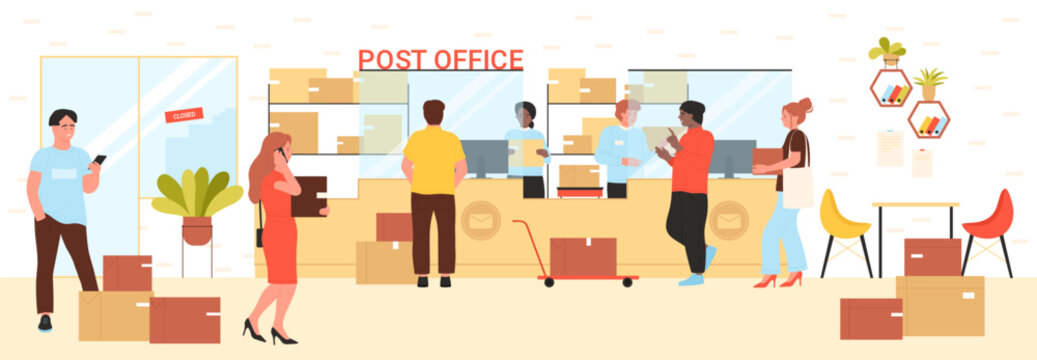 Customers at post office reception vector illustration. Cartoon people using delivery service, woman and man waiting parcels in queue at counter, operator standing with package box at computer desk