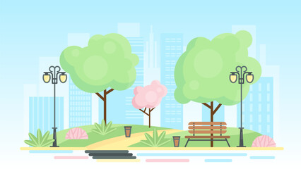 Spring public city park vector illustration. Cartoon urban town garden landscape with bench on walkway, green tree and grass lawn, sakura blossoms and lamppost in downtown cityscape panorama