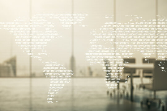 Multi exposure of abstract graphic world map hologram on a modern furnished office interior background, connection and communication concept