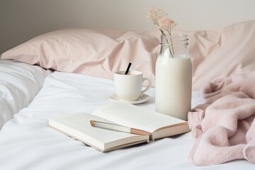 Fototapeta na wymiar Milk and a notepad were found on the bed. Stunning background design. Minimalism. Generative AI