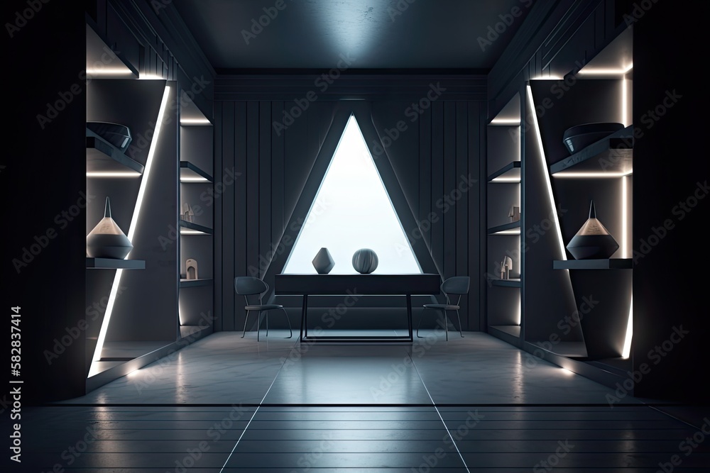 Poster darkly lighted minimalist space with a distinctive open triangular cupboard and beams of oval lamps 