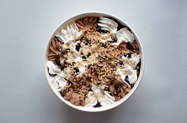 Bowl of chocolate ice cream, isolated on white background. Top view