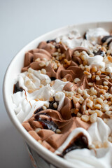Chocolate and peanut ice cream on a white background, top view