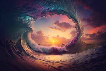 Ocean wave, wave crest with foam against the background of a multi-colored sunset sky, generative ai illustration