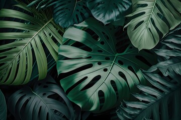 Obraz na płótnie Canvas Tropical leaves dense layer, summer jungle background, generative ai illustration
