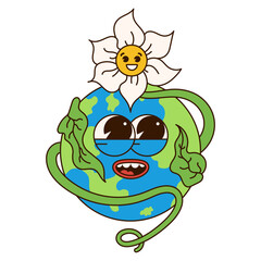 Retro planet cartoon character. Earth mascot. Trendy groovy 70s style illustration. Vector funny illustration.