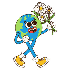 Retro planet cartoon character. Earth mascot. Trendy groovy 70s style illustration. Vector funny illustration. © Alina Kolyuka