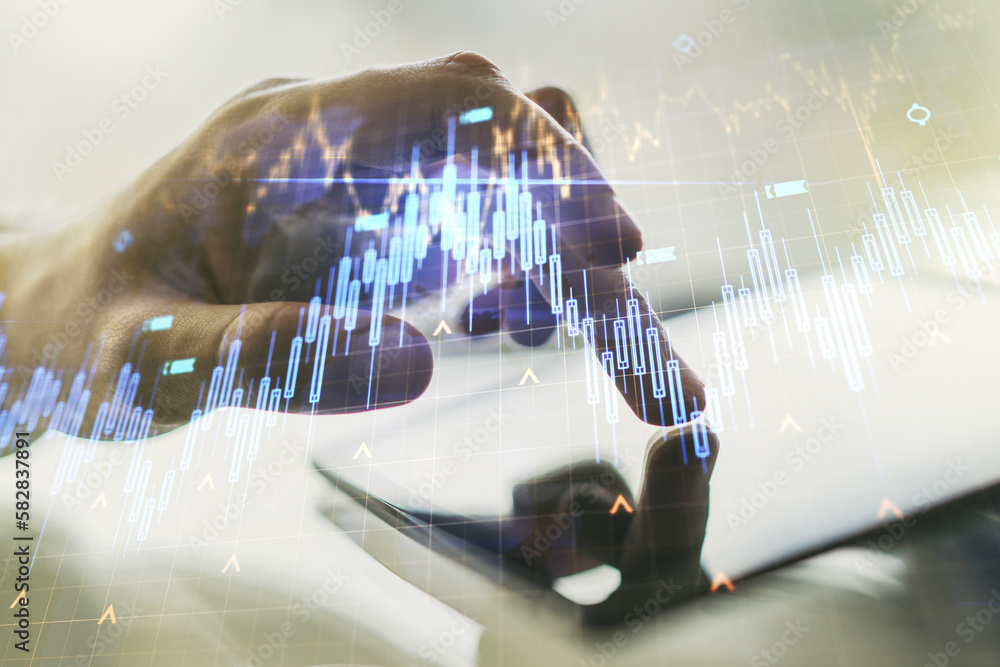 Poster multi exposure of abstract creative financial chart with world map and with finger presses on a digi