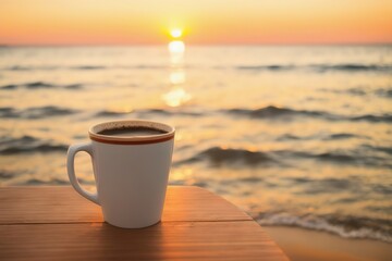 A mug with coffee on a table on a tropical island against the backdrop of ocean waves, Generative AI.