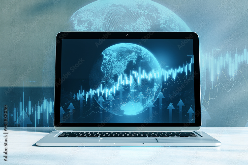 Poster close up of laptop with abstract globe and forex chart on blurry background. finance statistics and 