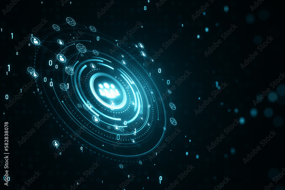 Poster Glowing people icons. Creative global structure networking and data exchanges customer connection hologram on dark wallpaper. 3D Rendering.