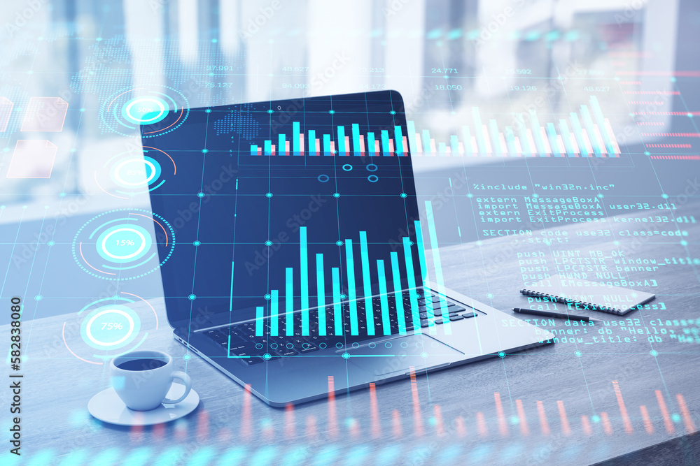 Poster Close up of laptop computer on office desktop with coffee cup, notepad and glowing digital interface, business charts and coding language. Future and cyberspace concept. Double exposure.