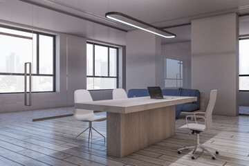 Modern office interior with window and city view, furniture and equipment. 3D Rendering.