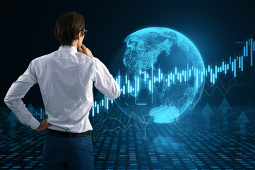 Back view of thoughtful businessman with globe and forex chart on blurry background. Finance statistics and data Analytics. Stock exchange market, investment, finance and trading. Double exposure.