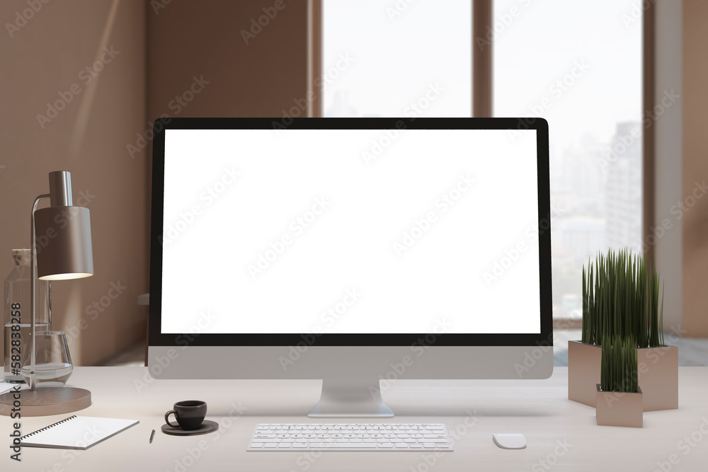 Poster Close up of designer office desktop with empty white computer screen, window with city view, decorative items and supplies. Mock up, 3D Rendering.