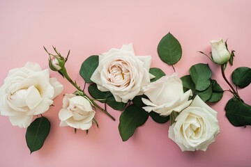 White and vintage roses with a pink background. Generative AI