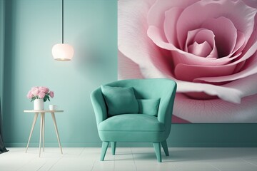 Large armchair in a minimalist room. Pink rose delicate painted background on an empty wall. female bedroom mint green and turquoise chair. Room mock up with paintings and furnishings. Generative AI