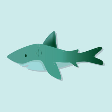 Vector illustration of a dangerous green white shark icon isolated on background. Sea and ocean animals. Side view, flat, modern style.