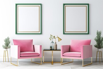 Living room design with pink chairs against a white wall and an empty horizontal frame mockup. Generative AI