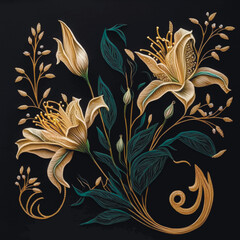 Lilies flowers. Embroidered gold 3d lily flowers, leaves. Embroidery floral vector background illustration. Tapestry beautiful stitch textured bouquet of lily flowers. Stitching lines surface texture