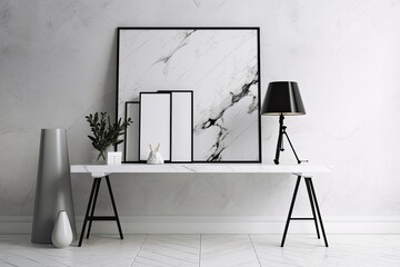 A mock up painting, marble cube, side table, ladder, décor, and personal accessories are used to create a warm and stylish living space. Black and white minimalist interior design. Template