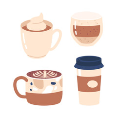 Set of Ceramic and Carton Disposable Cups Brimming With Freshly Brewed Coffee with Foam Decor Isolated Icons